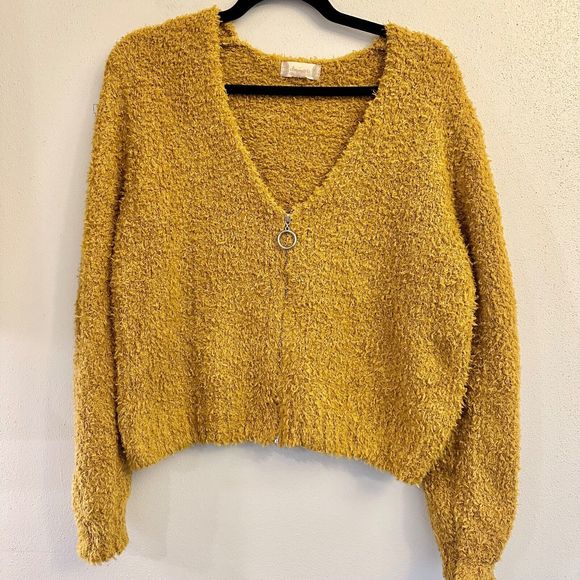 Altar'd State Sweater S Fuzzy‎ Mustard V-Neck Zip  Super Soft - Picture 1 of 14